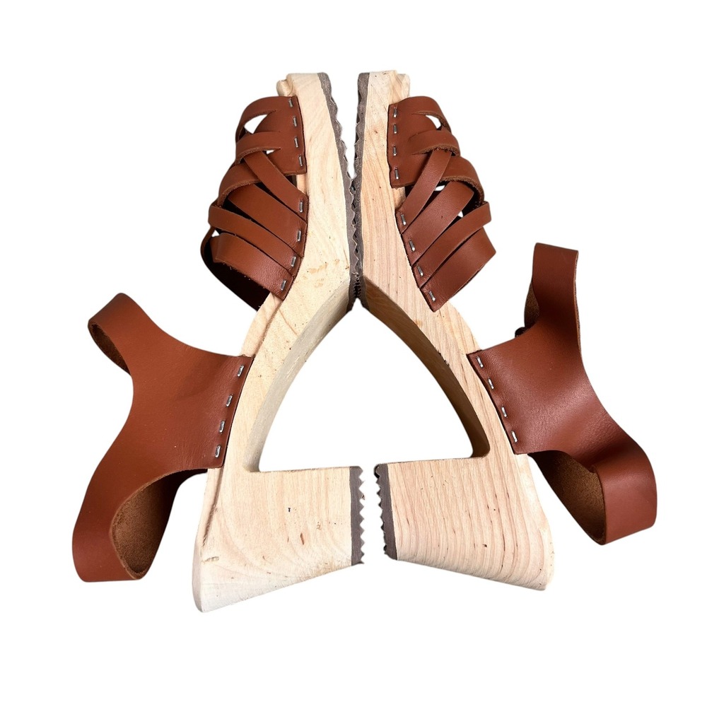 Lotta from Stockholm Tan Leather Braided Swedish Clogs Wooden Sandals Size 39 - Picture 4 of 8